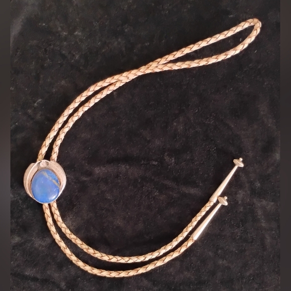 70's Navajo Sterling Blue Lapis Lazuli Bolo Tie Hallmark Stamped Signed